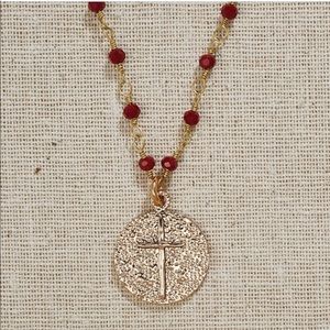 Gold Cross Necklace On Deep Red Beaded Chain